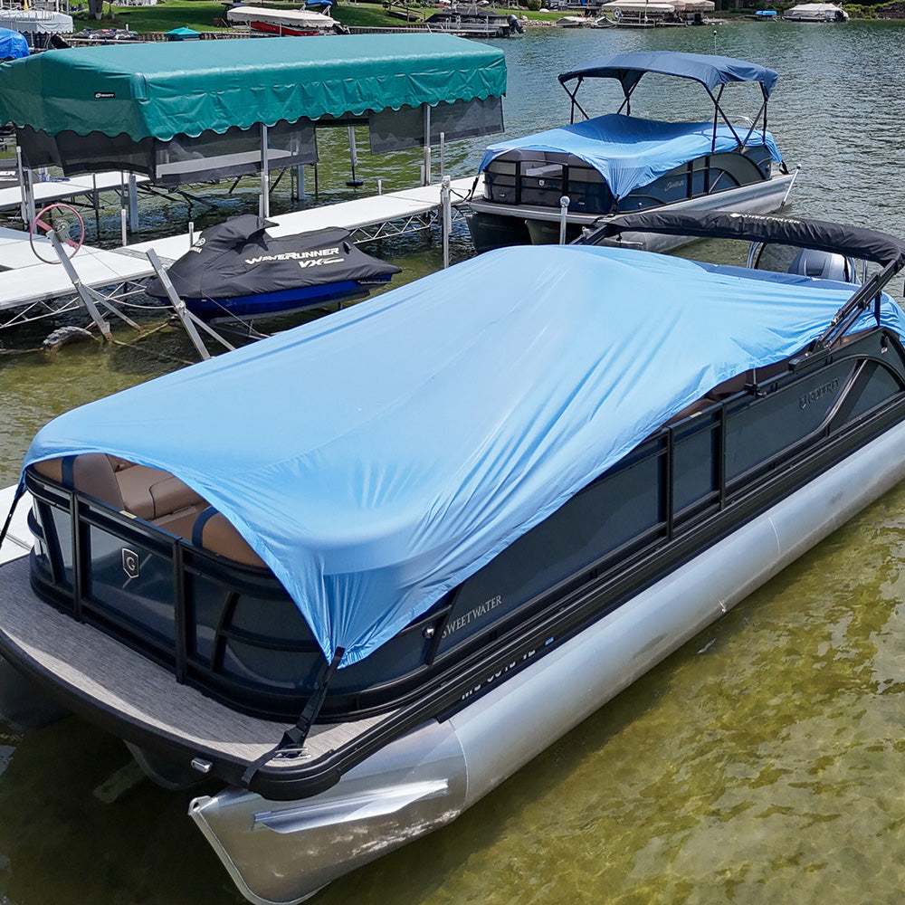 Quick Boat Cover secured at the corners on pontoon boat