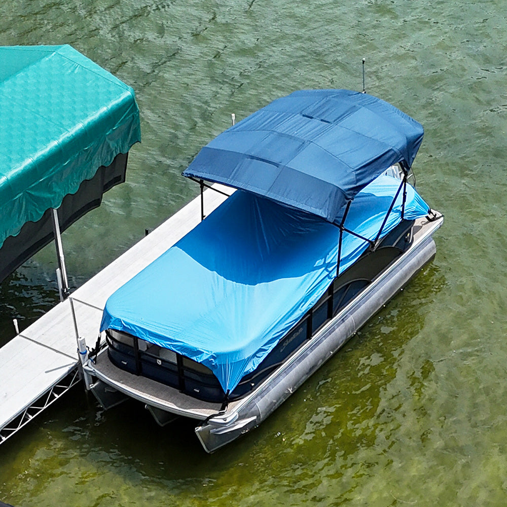 Quick Boat Cover on pontoon boat at dock, Slate Blue