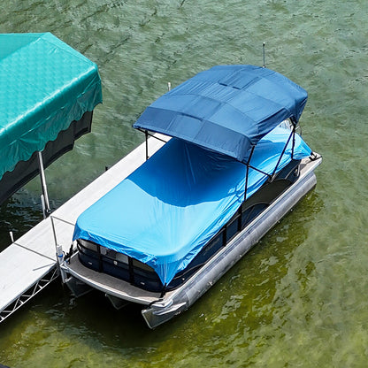 Quick Boat Cover on pontoon boat at dock, Slate Blue